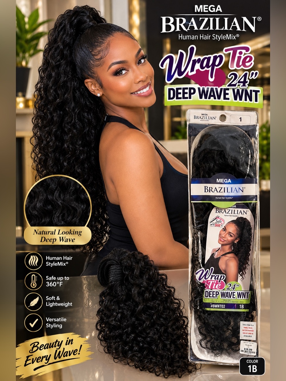 Mega Brazilian Wrap Tie 24" Deep Wave WNT - Black